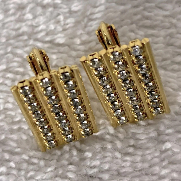 Vintage Gold Tone Cufflinks  With White Gems - Picture 1 of 8